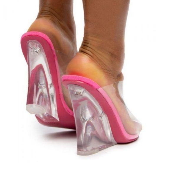 Clear Peep Toe Wedges in Fuchsia - Picture 4 of 9
